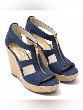 Michael Kors Navy Espadrille Wedge Sandals Gold Zip Platform Size 7